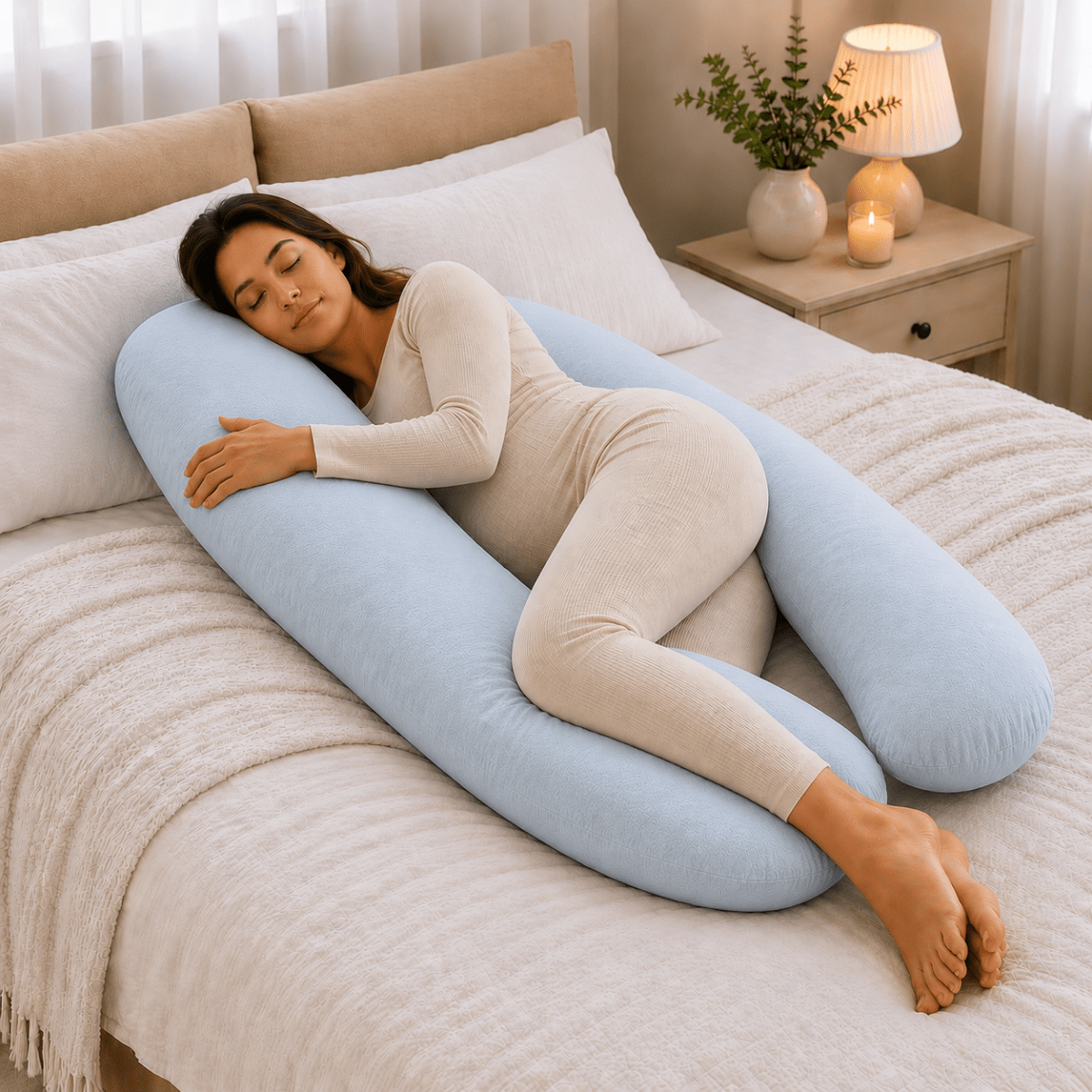 Woman lying on a bed with a U-shaped body pillow
