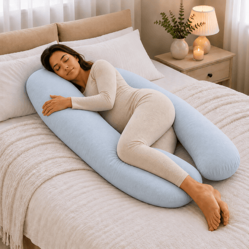 Woman lying on a bed with a U-shaped body pillow