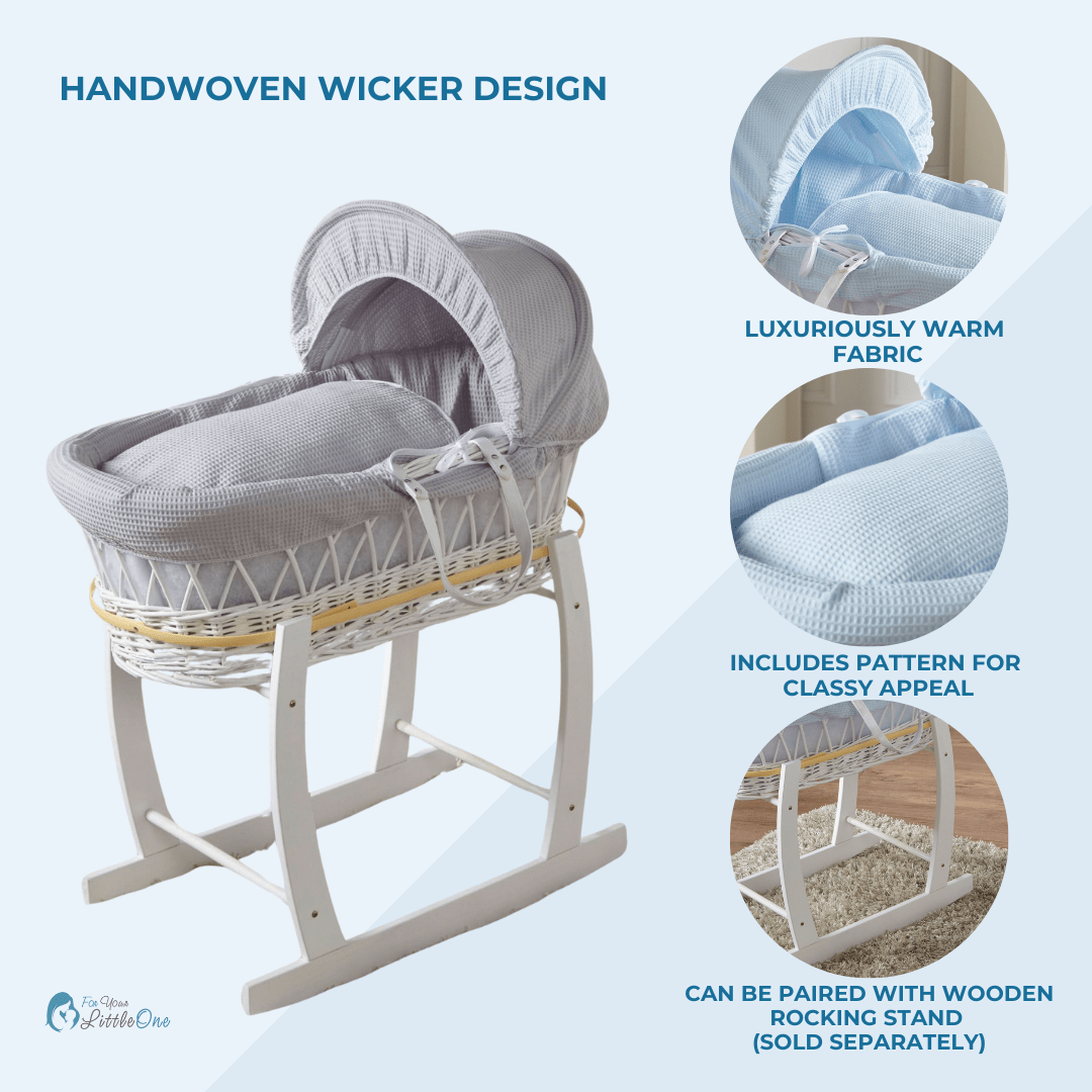 Blue Dimple White Wicker Baby Moses Basket With Stand